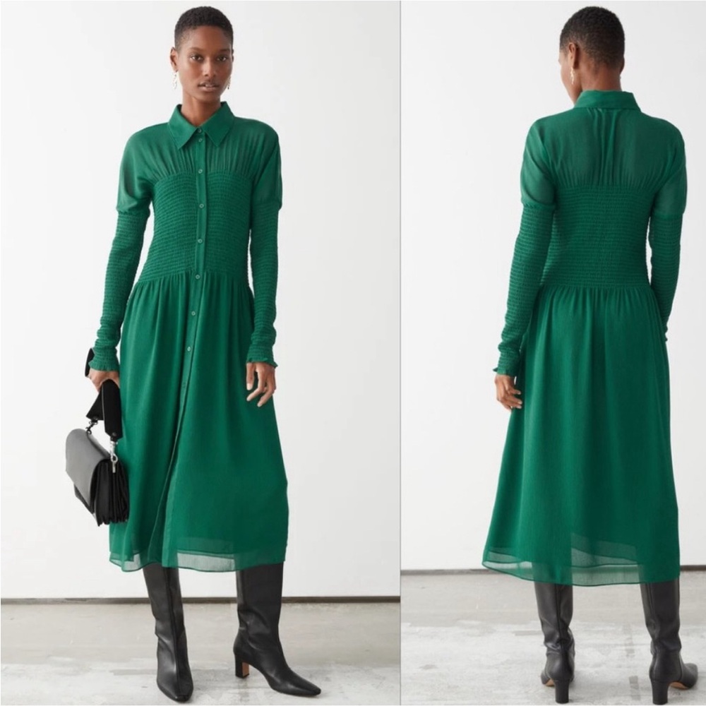 & Other Stories Green Smocked Midi Dress US 8